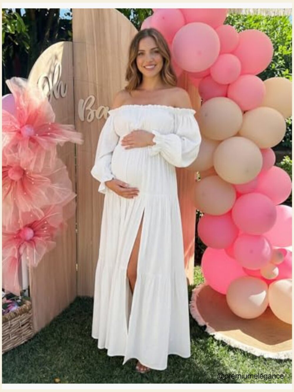Off Shoulder Flowy Maxi Dress Side Slit Elastic Waist Long Sleeve - Picture 6 of 7